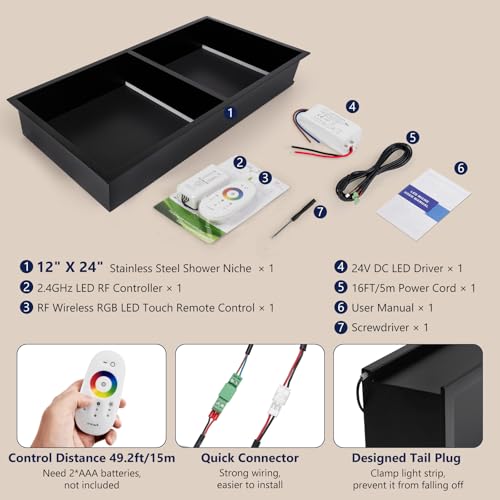 LED Shower Niche 12" X 24" RGB Shower Niche No Tile Needed | 304 Stainless Steel Shower Niche with Light, IP65 Waterproof Bathroom Niche for Shower, Remote Control, Static & Dynamic Mode - color: Matte Black-rgb, size: 12" X 24"