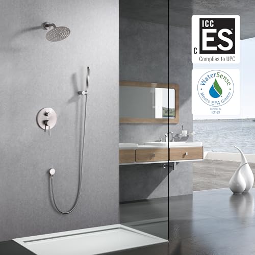 SUMERAIN Wall Mounted Rainfall Shower System Brushed Nickel | 8" Stainless Steel Rain Shower, Brass Handheld, Brass Valve, Concealed Box Design, Easy to Maintain and Install - color: Brushed Nickel, size: 2 Function