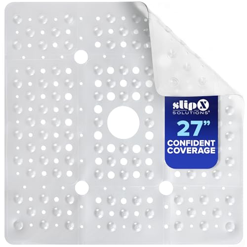 SlipX Solutions 27" Oversize Square Shower Mat, Non-Slip Mat for Elderly & Kids, 100+ Power Grip Suction Cups for Smooth Surfaces, Machine Washable, White Pearl - color: Translucent White Pearl