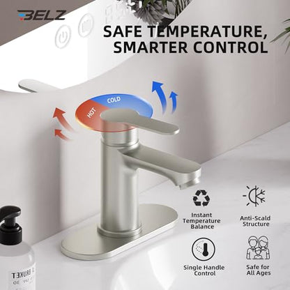 BELZ Nickel Bathroom Faucet, Lead-Free for 1 or 3 Hole 4" Vanity Sink | NSF372 Compliant,Anti-peeling PVD Finish,Includes Pop-up Drain & Hoses,Single Handle Modern Design, Easy DIY Install - color: Brushed Nickel