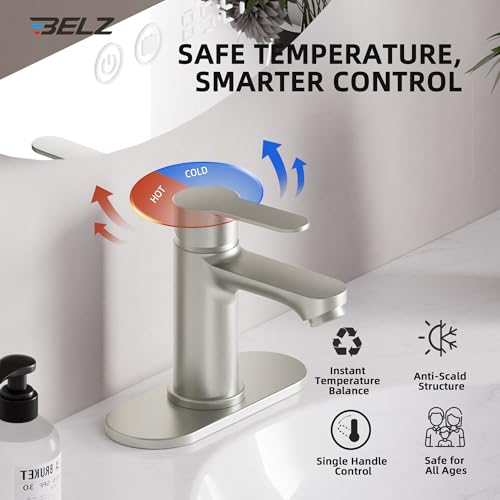 BELZ Nickel Bathroom Faucet, Lead-Free for 1 or 3 Hole 4" Vanity Sink | NSF372 Compliant,Anti-peeling PVD Finish,Includes Pop-up Drain & Hoses,Single Handle Modern Design, Easy DIY Install - color: Brushed Nickel