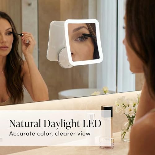 Fancii 10X Magnifying Lighted Makeup Mirror - Daylight LED Vanity Mirror - Compact, Cordless, Locking Suction, 6.5" Wide, 360 Rotation, Portable Illuminated Bathroom Mirror (Square)