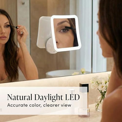 Fancii 10X Magnifying Lighted Makeup Mirror - Daylight LED Vanity Mirror - Compact, Cordless, Locking Suction, 6.5" Wide, 360 Rotation, Portable Illuminated Bathroom Mirror (Square)