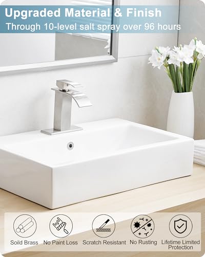 Brushed Nickel Bathroom Faucet Single Handle, Brass Waterfall Bathroom Sink Faucet 1 Hole or 4 Inch 3 Hole Bathroom Faucets with Deck Plate & Pop-up Drain Supply Hose for Lavatory No Splashing - color: Brushed Nickel - Traditional