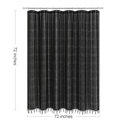 Linen Boho Farmhouse Shower Curtain Set with Tassel, Modern Bohemian French Country Chic Bathroom Shower Curtain Set with PEVA Liner, Cotton Luxury Fabric Shower Curtain,72x72 - Black - color: Black, size: 72"W x 72"L (Pack of 1)