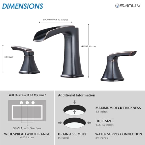 Oil Rubbed Bronze Waterfall Bathroom Faucet, Sanliv 3-Piece Widespread Bathroom Sink Faucets, 2-Handle Bronze Vanity Faucet for 3-Hole Sinks 4-8 Inch with Pop-Up Drain (ORB) - color: Oil Rubbed Bronze