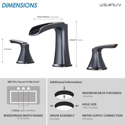 Oil Rubbed Bronze Waterfall Bathroom Faucet, Sanliv 3-Piece Widespread Bathroom Sink Faucets, 2-Handle Bronze Vanity Faucet for 3-Hole Sinks 4-8 Inch with Pop-Up Drain (ORB) - color: Oil Rubbed Bronze