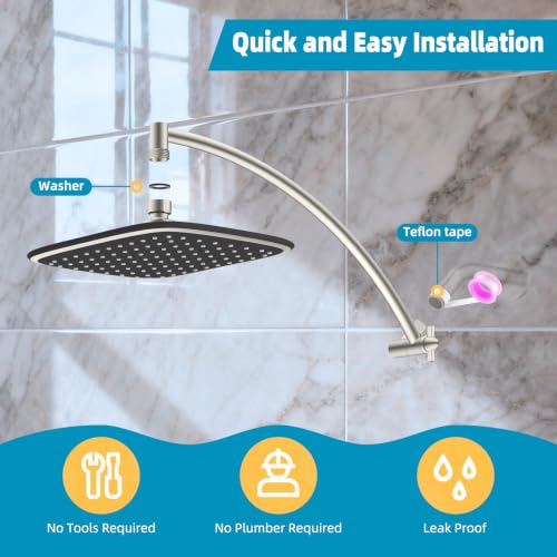 10" Rain Shower Head with 16" Metal Extension Arm, High-Pressure Showerhead | Brushed Nickel, Boosting Rainfall/Fixed Showerhead, Stainless Steel Shower Extender Adjustable Height/Angle, Easy to Install - color: Brushed Nickel, size: 16"