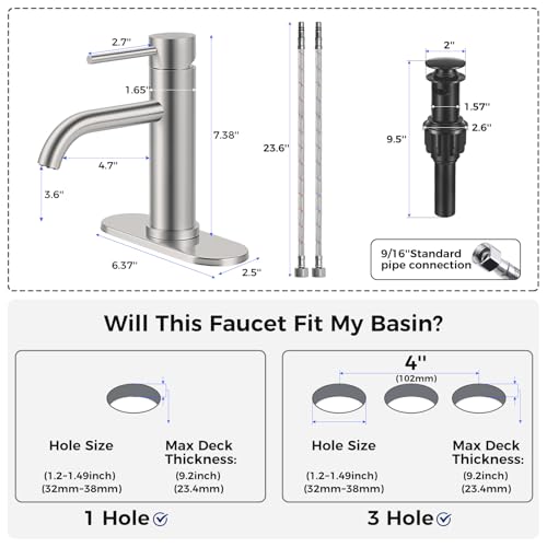 Bathroom Sink 1 Hole Single Handle Lever Faucets Stainless Steel | Pop Up Drain,Deck Plate,Flexible Hoses,1 or 3 Hole,Modern,for Vanity RV Bath Basin Wash Room Restroom Home,Brushed Nickel - color: Brushed Nickel