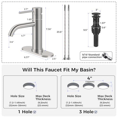 Bathroom Sink 1 Hole Single Handle Lever Faucets Stainless Steel | Pop Up Drain,Deck Plate,Flexible Hoses,1 or 3 Hole,Modern,for Vanity RV Bath Basin Wash Room Restroom Home,Brushed Nickel - color: Brushed Nickel