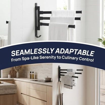 Black Aluminum Swivel Towel Bar, Wall Mounted 180 Degree Rotating Multi-Arm Towel Rack with Bottom Hook for Bathroom Kitchen(3-Arm) - size: 3-Arm