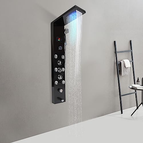 Black LED Shower Panel Tower System with 8 Massage Body Jets, Stainless Steel 6 IN 1 Shower Tower with Rainfall Waterfall Shower Head and Handheld, Multi-Function Bathroom Shower Panel