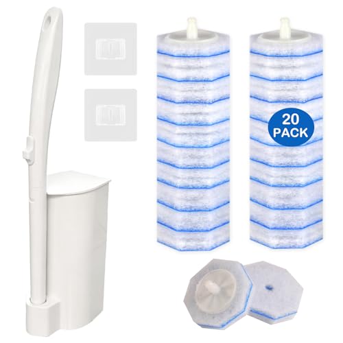 Disposable Toilet Brush and Holder Set, 20 Pre-Filled Refills | 5X Powerful No-Shed Pads, 360° Deep Toilet Bowl Clean, Toilet Bowl Cleaners with Storage Caddy & Adhesive Hooks - size: Toilet Brush Set + 20 Refill Heads