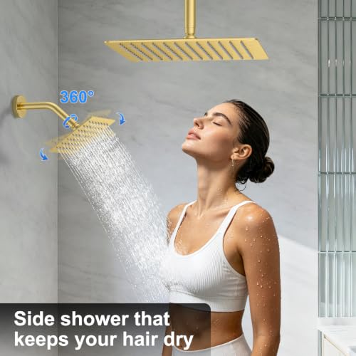 Brushed Gold Rainfall Shower System – Complete Spa Faucet Set with Handheld Sprayer & Mixer Valve –Tub Spout Bathroom Fixture Trim Kit - color: Brushed Gold, size: 6''+12''+Bathtub Faucet