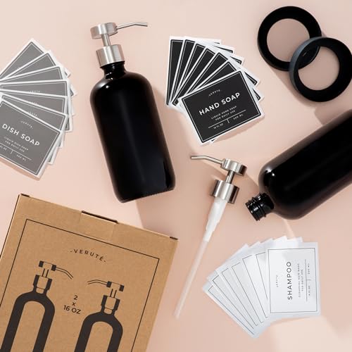 Hand and Dish Soap Dispenser for Kitchen and Bathroom, Set of 2 16 Oz Glass Bottles, Stainless Steel Pumps, Non-Slip Silicone Base, 27 Waterproof Labels (Gloss Black Bottle/Brushed Silver Pump) - color: Gloss Black Bottle / Brushed Silver Pump