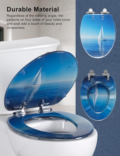 Angol Shiold ELONGATED Resin Soft Close Toilet Seat Sailboat 18.5Inch | Quick Release Heavy Duty Acrylic Decorative Toilet Seats Easy to Install&Clean (Blue Sailboat ) - color: Oceanic Sailer