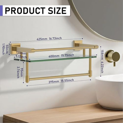 Bathroom Glass Shelf Brushed Gold Finish with Towel Rack, SUS304 Stainless Steel, 16-inch Tempered Glass Shelves for Wall - color: Brushed Gold, size: 16-inch with Railing