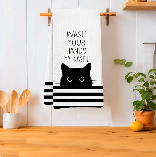 Black Cat Bathroom Washroom Hand Towels, Wash Your Hands Ya Nasty Funny Sign for Bathrooms,Cats Gifts for Women, Cute Cats Animals White Waffle Weave Microfiber Dish Towels, 16x24 Inch - color: Wash Your Hands Ya Nasty