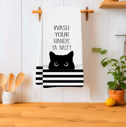 Black Cat Bathroom Washroom Hand Towels, Wash Your Hands Ya Nasty Funny Sign for Bathrooms,Cats Gifts for Women, Cute Cats Animals White Waffle Weave Microfiber Dish Towels, 16x24 Inch - color: Wash Your Hands Ya Nasty