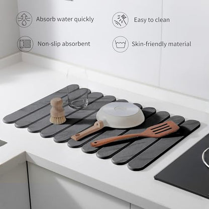 24"×16" Grey Stone Dish Drying Mats for Kitchen Counter, Large Quick Dry Collapsible Eco-Friendly Super Absorbent Diatomaceous Earth Heat-resistant Mat for Dishes Bottles Cups, Match Any Countertop - color: Dark Grey-l07 Marble Pattern