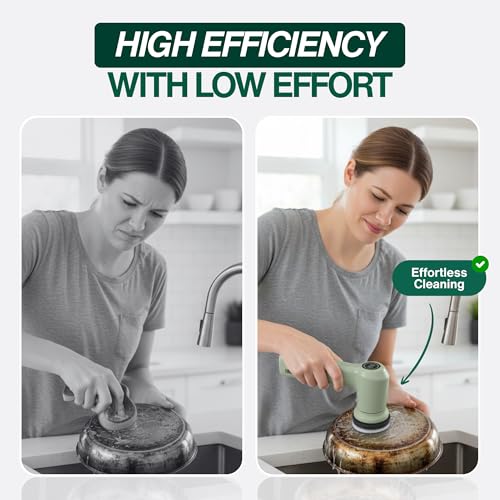 SonicPower Electric Spin Scrubber – Handheld & Ergonomic, IPX7 Waterproof, 4 Multi-Purpose Brush Heads, Long-Lasting Rechargeable Battery – Cleans Dishes, Bathroom, Tile, Grout & Kitchen (Sage) - color: Sage