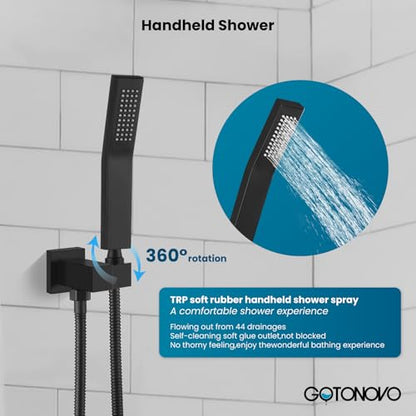 gotonovo Rainfall Bathroom Shower System Rain Shower Head and Handle Set Wall Mounted Shower Complete Combo Solid Brass Pressure Balancing Shower Mixer Valve 10 Inch Matte Black - color: Matte Black, size: 10 Inch