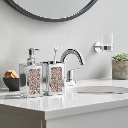 2Pcs Pink Bathroom Set, Mirror Finish & Diamond Accent Soap Holder, Modern | High polish mirror glass, sparkling diamond accents, sleek silhouette, stain proof surface, easy to clean, generous capacity - color: Pink