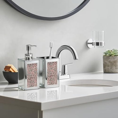 2Pcs Pink Bathroom Set, Mirror Finish & Diamond Accent Soap Holder, Modern | High polish mirror glass, sparkling diamond accents, sleek silhouette, stain proof surface, easy to clean, generous capacity - color: Pink