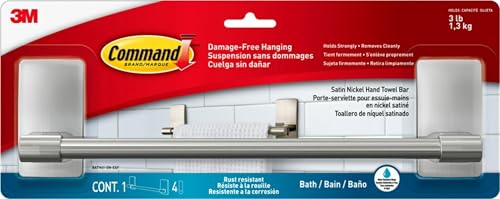 Command Hand Towel Bar Satin Nickel with 4 Water Resistant Command Strips, 9" Hand Towel Holder, Holds up to 3 lb, Great for Bathroom Décor on the Wall, Inside the Cabinet, or in the Shower - size: 1