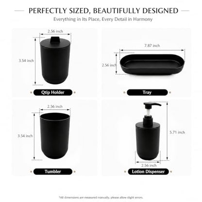 LGURT Matte Black Bath Accessories — 4-Pc Dispenser, Tumbler, Cup & Tray | Plastic, Lotion 10oz / 300ml, Vanity Tray (7.87"×2.56"), Compact for Dorm & Rentals. - color: Model 1-matte Black