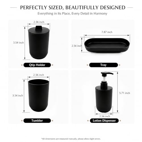 LGURT Matte Black Bath Accessories — 4-Pc Dispenser, Tumbler, Cup & Tray | Plastic, Lotion 10oz / 300ml, Vanity Tray (7.87"×2.56"), Compact for Dorm & Rentals. - color: Model 1-matte Black