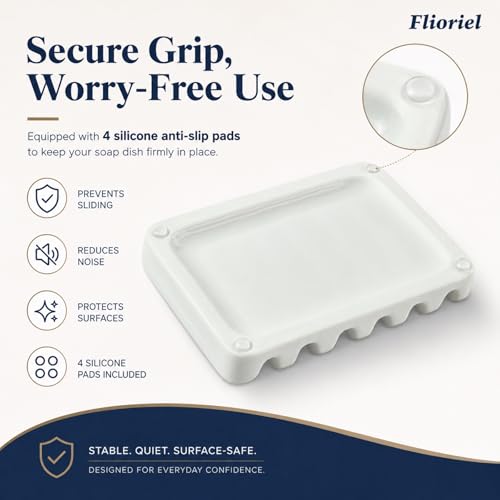 Ceramic Soap Dish Self Draining Soap Holder Bathroom Sink | White Porcelain Soap Tray Self Draining Keeps Soap Dry Anti Slip Silicone Pads Easy Clean Modern Minimalist Bathroom Shower - color: 01.white