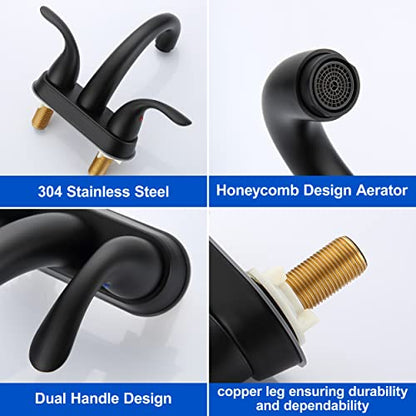 J-HVA 2 Handle 4 Inch Bathroom Sink Faucet with Pop up Drain, Matte Black | 4 Inch Centerset Faucet for Lavatory Bathroom Sink, Professional Modern Vessel Deck Mount Vanity rv Faucet with Supply Lines - color: Matte Black
