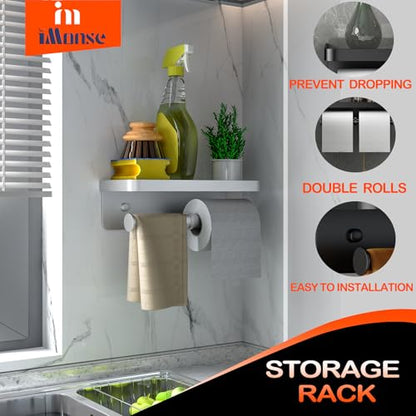 Double Toilet Paper Holder with Shelf, iMonse Paper Towel Holder Wall Mount,Tissue Roll Holder for Bathroom Kitchen RV, Double Tissue Roll Rack with Adhesive & Screw (Silver) - color: Silver-twoside