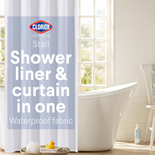 Clorox 2-in-1 Bathroom Shower Curtain Liner, Durable Fabric, Weighted Magnets for Bath Water Control, Washable Premium Quality, Extra Long Stall 78" x 54" White - color: White - Stall