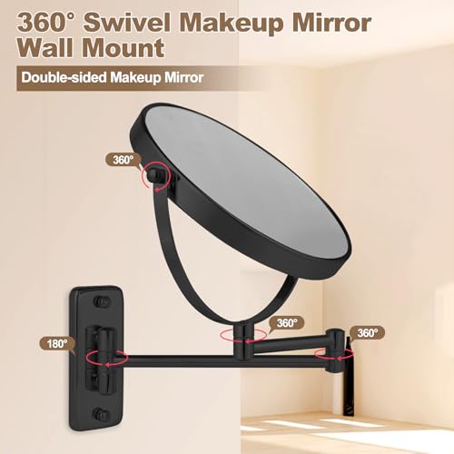 8” Wall Mounted Makeup Mirror with10X Magnification, Double Sided Shaving Mirror Wall Mount for Bathroom, 360° Swivel Extendable Vanity Mirror with Adjustable Arm for Daily Use, Matte Black（No Light）