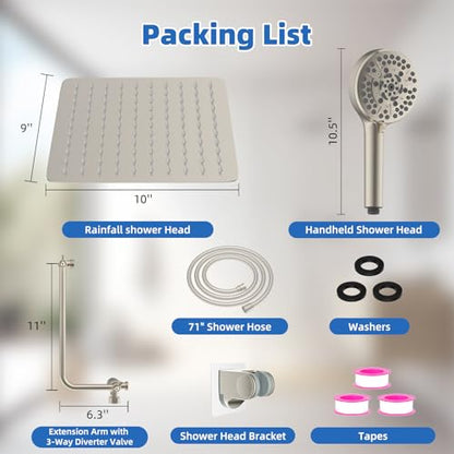 10" Metal Rainfall Shower Head with 10-Mode Handheld, Brushed Nickel | NSF/ANSI/CAN 372 Certified, High Pressure Showerhead Combo with 11" Adjustable Shower Arm, 71" Hose, Shower Head Holder - color: Brushed Nickel, style: Square 10"