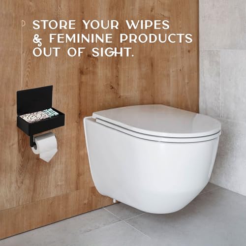 Day Moon™ Matte Black Toilet Paper Holder with Shelf & Wipe Storage, Bathroom Roll Holder with Built-in Wipe & Tampon Holder, Wall Mounted Flushable Wipe Dispenser - color: Matte Black