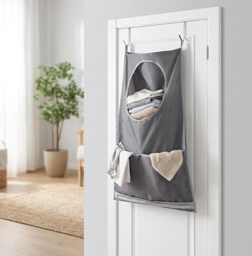 Hanging Laundry Bag, Over the Door Laundry Hamper with Door Hooks & Adhesive Hooks, Large Capacity Laundry Organizer with Bottom Zipper & 2 External Pockets for Bathroom, Dorm, RV, Small Space