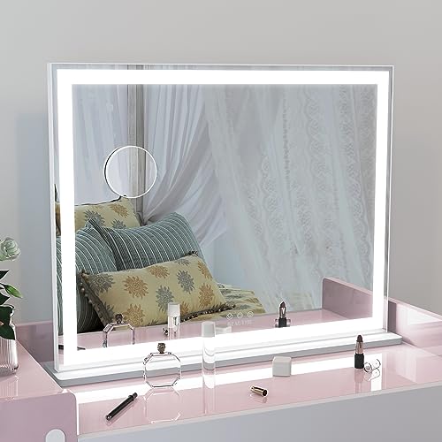 ANYHI Vanity Mirror with Lights, 28"x22" Tabletop Vanity Mirror with Lights and Stand, 3 Color Modes, 10X Magnification, Smart Touch Control, Aluminum Frame, Tabletop or Wall Mount for Bedroom, White - color: White, size: 28"L x 22"W