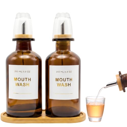 11.8OZ Glass Mouthwash Dispenser, Set of 2, Amber | Stainless Steel & Bamboo Nozzle, Mouthwash Cup Reusable, Bamboo Tray, Elegant Gold Sticker - color: Amber/350*2