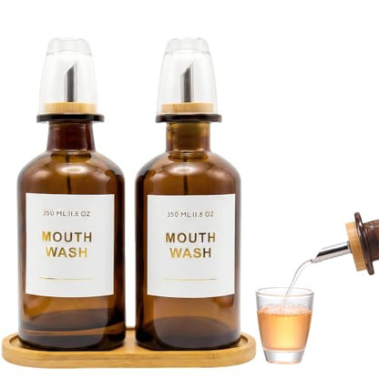 11.8OZ Glass Mouthwash Dispenser, Set of 2, Amber | Stainless Steel & Bamboo Nozzle, Mouthwash Cup Reusable, Bamboo Tray, Elegant Gold Sticker - color: Amber/350*2