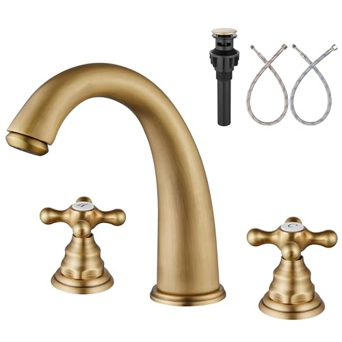 Widespread Bathroom Faucet 3 Hole Sink Faucet 8 Inch Two Cross Handles Solid Brass Deck Mount Pop Up Drain Assembly Included Curved Spout Antique Brass - color: Antique Brass