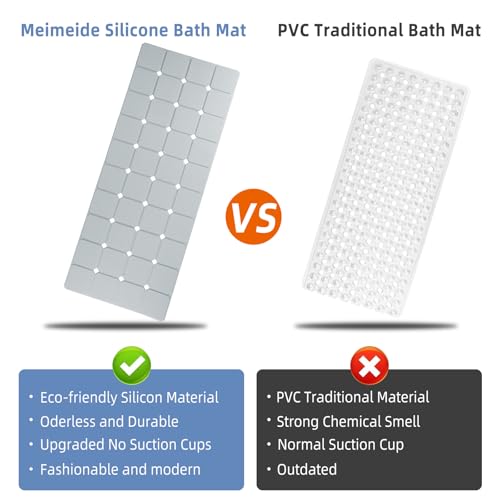 Bathtub Mat Non-Slip Silicone Soft Odorless Large Bath Mat No Suction Cups for Refinished,Reglazed and Textured Shower Mats Non Slip Extra Long Tub Mat (16x40inch Grey) - color: Grey