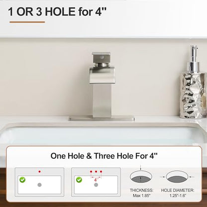 Waterfall Bathroom Faucet, Single Handle Brushed Nickel Sink Faucet 1 Hole or 3 Hole for Lavatory, Washbasin, Vanity, Commercial, with Deck, Pop-up Drain and Supply Hoses - color: Brushed Nickel