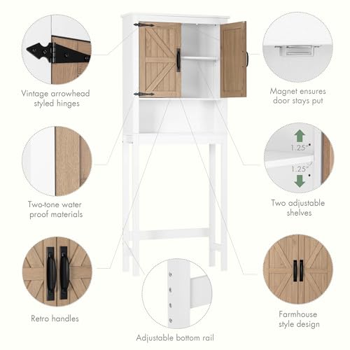 Spirich Over the Toilet Storage Cabinet with Wood-Grain Barn Doors, White | Adjustable Shelves, 33-Inch Toilet Clearance, Adjustable Bottom Rail, Anti-Tip Device, Farmhouse Style, FSC-Certified Wood