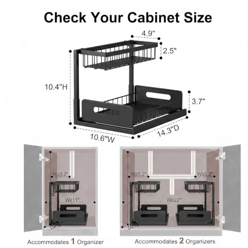 L-Shaped Under Sink Organizer, Black | 2-Tier, Slide Out Cabinet Storage, Solid Metal Handles - color: Black/White