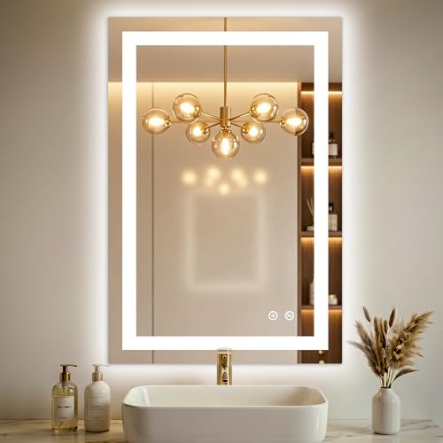 30x20 LED Bathroom Mirror with Lights, Lighted Vanity Mirror for Wall | Front and Backlit, Anti Fog, Dimmable 3 Color Lighting, Memory Function, Shatter Resistant Glass, Plug in or Hardwired - size: 30"L x 20"W