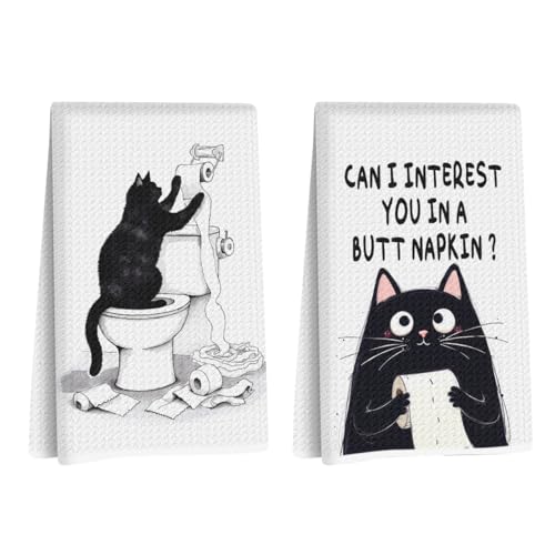 Hanamiya Na 2Pcs Funny cat Hand Towel for Bathroom 24x14 Inch | Funny Absorbent Microfiber Dish Cloth Bathroom Towel, Waffle Weave Hand Towels for Toilet Home, Cat Lover Gifts - color: Multi 1379