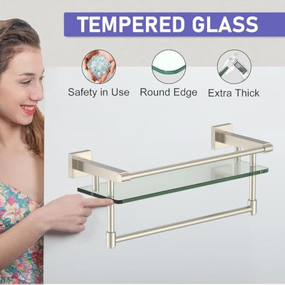 16-Inch Modern Glass Shelf with Towel Bar, 1-Shelf, Brushed Nickel Finish, Wall Mount, Bathroom Organizer - color: Brushed Nickel, size: 16-inch with Railing